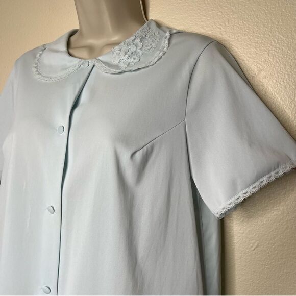 Vintage 80s Shadowline Pajama Top Light Blue Lace Trim Button Up Women Medium - Picture 4 of 13